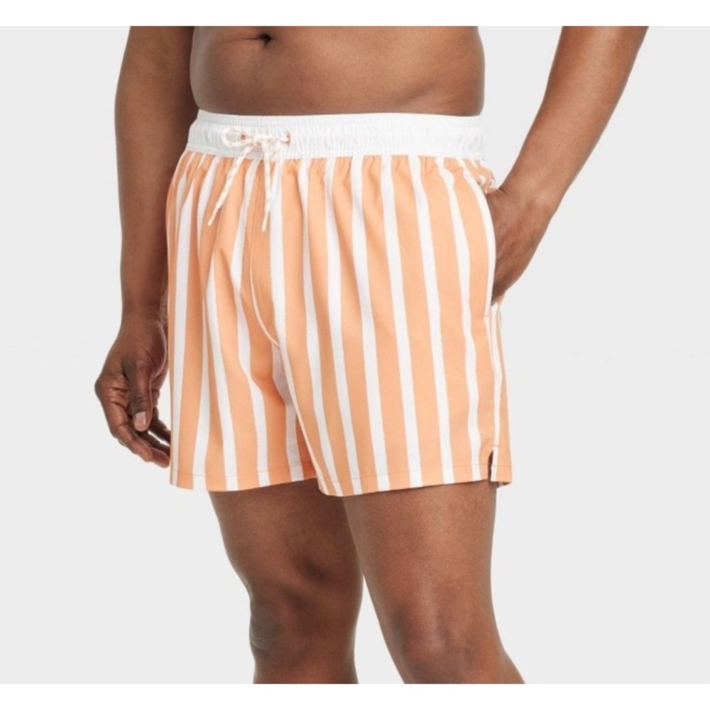 Goodfellow & Co Mens XL Orange White Striped 5" Inseam Swim Trunks NWT UPF 50+